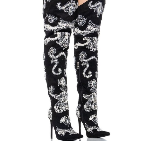 AZALEA WANG Shoes - AZALEA WANG "BRANDED BADDIE"BEADED EMBELLISHED THIGH HIGH WESTERN BOOT(BRAND NEW